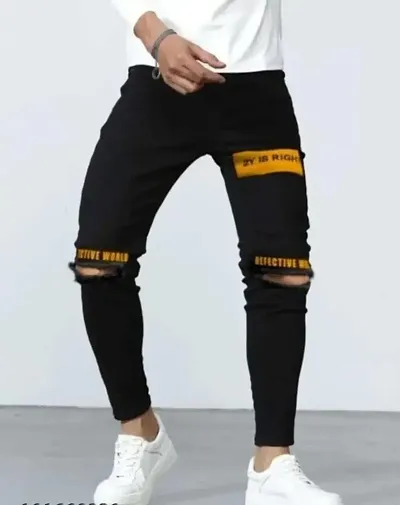 Stylish Black Cotton Blend Printed Mid-Rise Jeans For Men