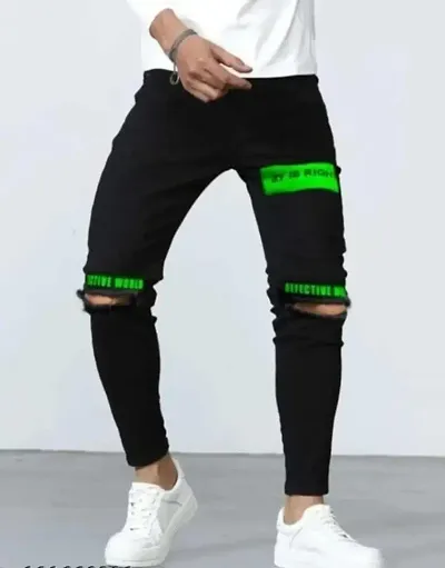 Stylish Black Cotton Blend Printed Mid-Rise Jeans For Men