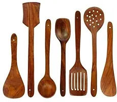 Nohunt Natural Wood Spoon Set of 7 | 2 Frying, 1 Serving, 1 Spatula, 1 Chapati Spoon,1 Desert,1 Rice | Non-Stick Wood-thumb1