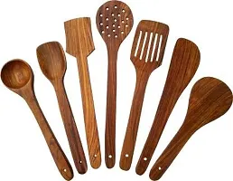 Nohunt Natural Wood Spatula Set of 7 | 2 Frying, 1 Serving, 1 Spatula, 1 Chapati Spoon, 1 Desert, 1 Rice 30cm | Silicone Brush and Silicone Spatula (Assorted)-thumb1