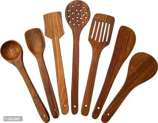 Nohunt Natural Wood Spatula Set of 7 | 2 Frying, 1 Serving, 1 Spatula, 1 Chapati Spoon, 1 Desert, 1 Rice 30cm | Silicone Brush and Silicone Spatula (Assorted)-thumb2