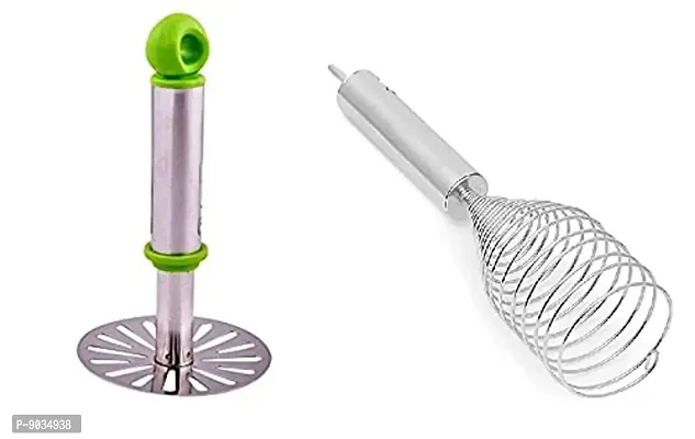 NOHUNT Steel Potato Masher pav Bhaji Masher  Steel Springe Egg Whisker Kitchen Combo Pack of 2