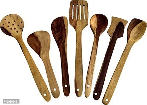 Nohunt Wooden Natural Wood Spoon Set of 7 | 2 Frying, 1 Serving, 1 Spatula, 1 Chapati Spoon, 1 Desert, 1 Rice | Non-Stick Sheesham Wood (32 cm)-thumb0