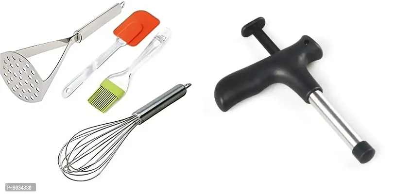 NOHUNT Stainless Steel Potato Masher | Aloo Masher | Pav Bhaji Smasher for Kitchen, Silicone Non-Stick Spatula and Brush with Steel Hand Blender Mixer Whisker Milk Coffee Egg Beater-thumb0