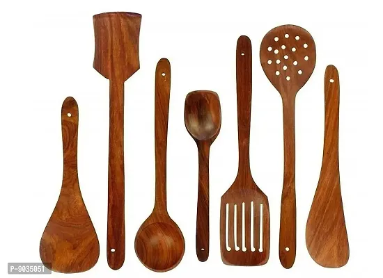 Nohunt Natural Wood Spoon Set of 7 | 2 Frying, 1 Serving, 1 Spatula, 1 Chapati Spoon,1 Desert,1 Rice | Non-Stick Wood