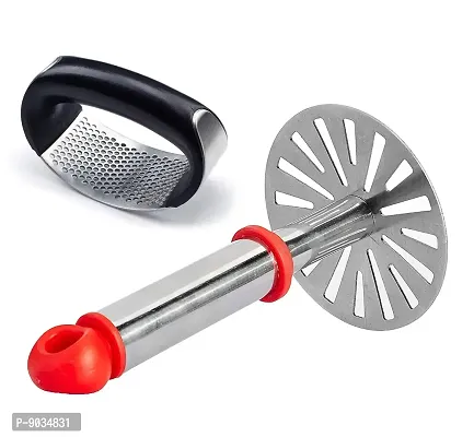 NOHUNT Garlic Crusher | Presser Garlic Multi-Function Manual Portable Garlic Crusher with Kitchen Stainless Steel Potato Masher, Pav Bhaji Masher (Pack of 2)