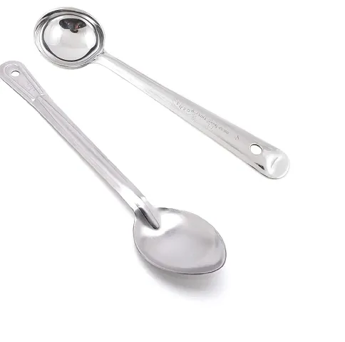 NOHUNT Oval Medium Stainless Steel Serving Spoon, Silver with Stainless Steel Serving Chamcha Spoon Ladel, Silver