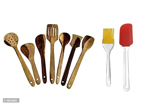 Nohunt Natural Wood Spatula Set of 7 | 2 Frying, 1 Serving, 1 Spatula, 1 Chapati Spoon, 1 Desert, 1 Rice 30cm | Silicone Brush and Silicone Spatula (Assorted)