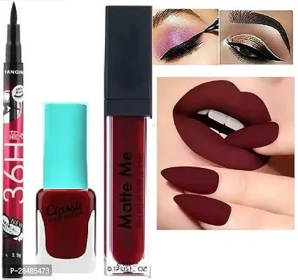 Combo Pack of 36H Eyeliner Waterproof (Black) , Liquid Matte Lipstick  Nail Polish - Maroon Edition