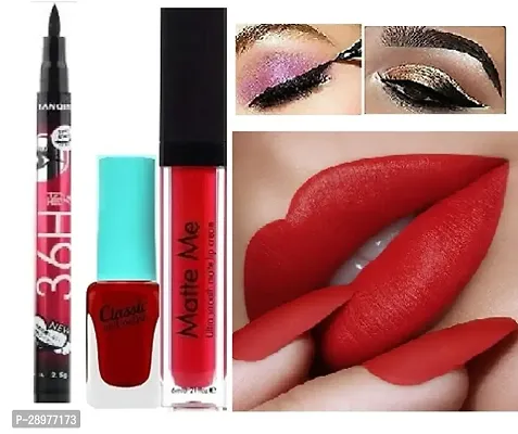 Combo Pack of 36H Eyeliner Waterproof (Black), Liquid Matte Lipstick  Nail Polish - Red Edition-thumb0