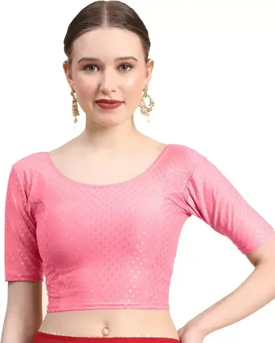 Chetmika Round Neck Dobby Cotton Lycra Stretchable Elbow Sleeve Readymade Saree Blouse for Women Stylish