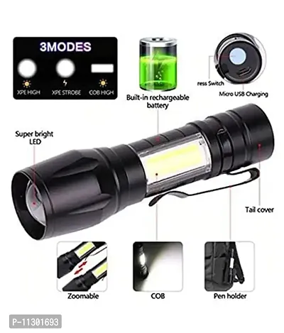 OZKET Torch 2 in 1 ZOOMABLE Flashlight and Emergency Light with USB Cable NP-09 Torch (Black : Rechargeable)-thumb2