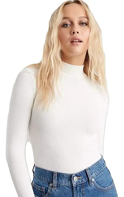 Women's Ribbed Turtleneck Highneck Pullover Sweater with Full Sleeves(White)