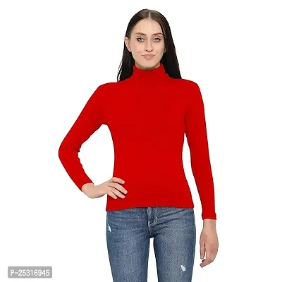 Women's Ribbed Turtleneck Pullover Sweater with Full Sleeves(Red)