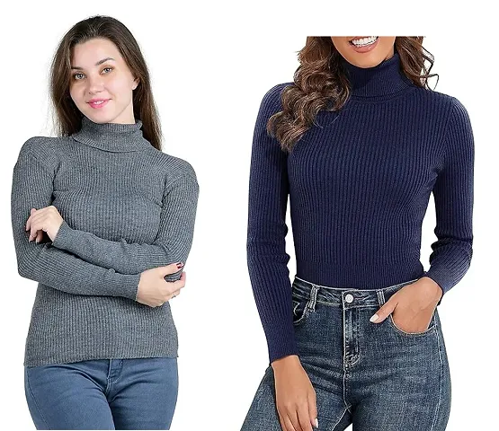 Women's Ribbed Combo of Turtleneck Pullover Sweater with Full Sleeves(GreyBlue)