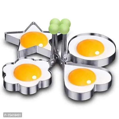 Kunya 4pcs Stainless Steel Omelette Mould Device Love Surprise Eggs Ring Model Set Heart Shape,Round Shape , Flower Shape  Star Shape Egg Mold Styling Tools, Silver.-thumb0