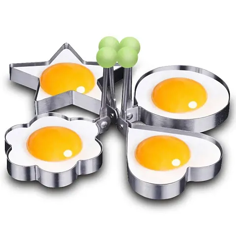 Kunya 4pcs Stainless Steel Omelette Mould Device Love Surprise Eggs Ring Model Set Heart Shape,Round Shape , Flower Shape & Star Shape Egg Mold Styling Tools, Silver.