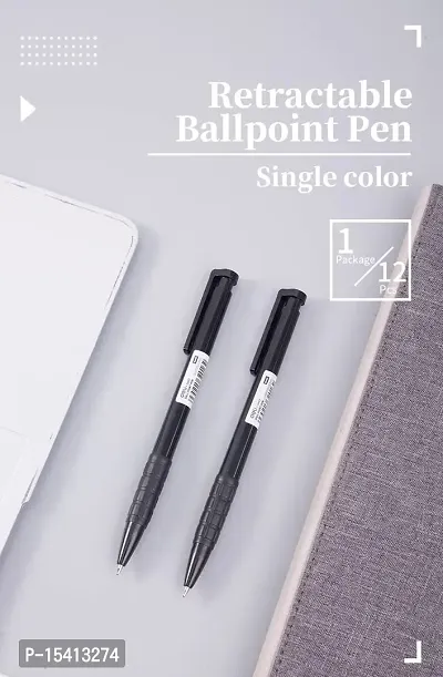 Deli Retractable Lightweight Ballpoint Pen, 0.7mm Tip, Ball Point Pen Set with Soft Grip for Smooth Writing, Students, College, Office (Black, Set of 12)-thumb3