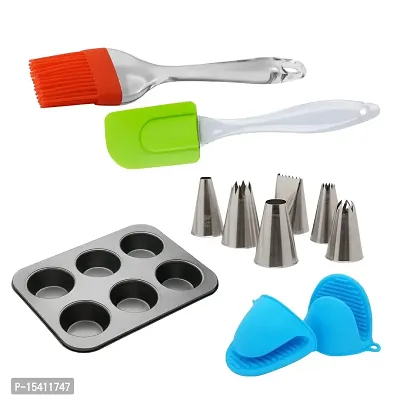 Perfect Pricee Baking Combo of Silicone Spatuala and Brush with Silicone Mitton Gloves and 6 Slot Muffin Tray Also 6 Different Shaped Icing Nozzles for Cake Decoration-thumb0