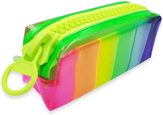 kunya Big Zip Capacity Rainbow Neon Pencil Case, PVC Clear Pen Case, Pencil Pouch for Toiletries, Cosmetics, Stationery Storage Bag (Pack of 1)