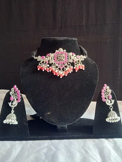 Beautiful Bollywood Oxidized Silver Plated Party wear Adjustable Thread Choker Necklace Jewellery set.