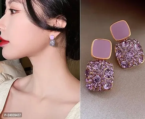 Korean Stone Decor Gold Finish Purple Stone Decor Earring For Womens  Girls Long Earrings Studs-thumb0