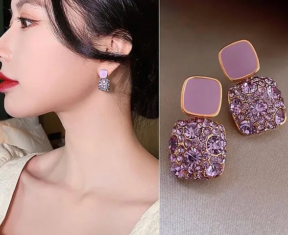 Korean Stone Decor Gold Finish Purple Stone Decor Earring For Womens  Girls Long Earrings Studs