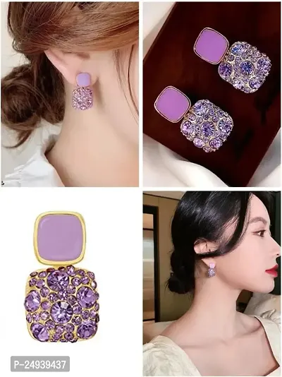 Korean Stone Decor Gold Finish Purple Stone Decor Earring For Womens  Girls Long Earrings Studs-thumb5