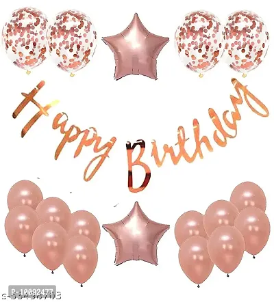 (19 Pcs) Happy Birthday Letter Bunting Banner  Star Foil   Pre Filled Confetti with HD Metallic Balloons For Boys   Girls Decoration Kit Set Decorations Items Combo (Rose Gold)