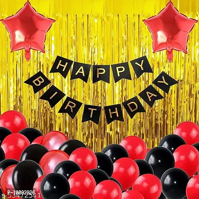Happy Birthday Banner For Decoration Kit   35 Pcs Combo Set   Black Happy Birthday Banner  Golden Curtain and Red Star Foil with HD Metallic Red and Black Latex Balloons-thumb0