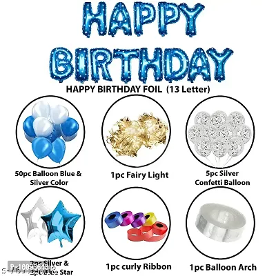 Happy Birthday Decoration Set 75pc with Happy Birthday Foil Blue Color  Metallic   Confetti Balloon  Star Foil Balloon  Balloon Arch  Fairy Light   Ribbon is Decoration Combo Pack-thumb2