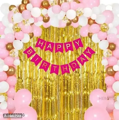 BALLOONS  30 pc Premium Gold  White and Pink Metallic Balloon  1 pc Happy Birthday Banner (13 Letter)  2 Pcs Gold Curtain 6*3ft each-thumb0