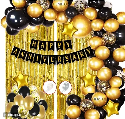 Happy Anniversary Decoration Kit with Bunting  Metallic Balloons  Foil Curtain 54Pcs Combo Set for 1st  5Th 25th Party Room Decoration Combo Set Couple Wedding Marriage Celebration Balloon&nbsp;&nbsp;(Gold  Black  Pack of 52)
