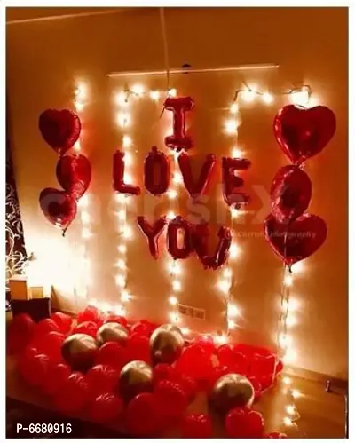 Happy Anniversary Romantic Surprise Decoration Kit With Heart Shaped Foil Balloons, LED Lights, I Love You Foil Balloon Letters And Balloon Pump (Pack Of 53)
