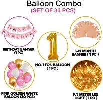 Solid 1st Birthday Decoration For Baby Girl With Warm LED Light Set Happy Birthday (Pink, Gold, White, Pack Of 34)-thumb1