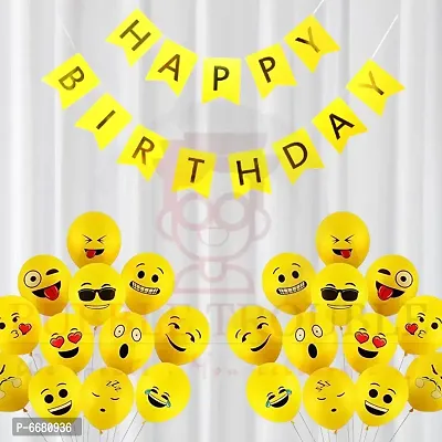 Happy Birthday Decoration Kit Combo Set Emoji Smiley Balloons With Plain Banner (Yellow Theme, Pack Of 51)