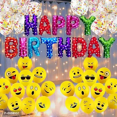 Bubble Trouble Happy Birthday Decoration Kit Combo Set Emoji Smiley Balloons Fairy LED Light Polka Dot Birthday Foil Curtains (Pack Of 58)