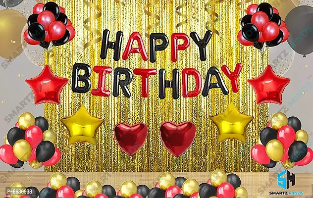 Happy Birthday Decorations Items Combo Set 83 Pieces With Red and Black Birthday Foil Golden Fringe Metallic Latex Balloon Star Heart Foil
