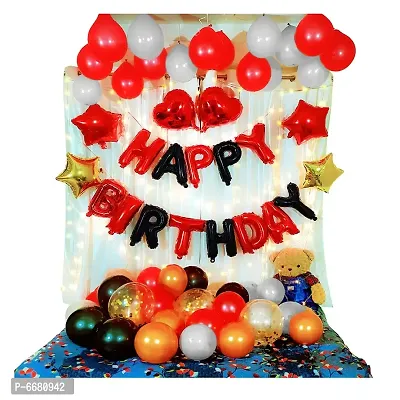Happy Birthday Decorations Items Combo Set 84 Pieces With Red Black Birthday Foil Golden Fringe Metallic Latex Balloon Star Heart Foil Fairy Lights