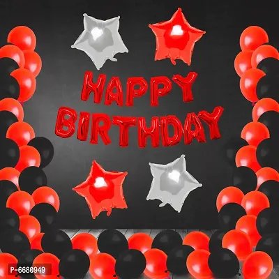 Happy Birthday Foil Balloon With 2 Pc Red And 2 Pc Silver Star Foil Balloon And 30 Pc Metallic Balloon (Red and Black) and 1 Pc Multipurpose Ribbon