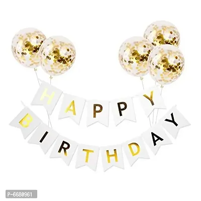 Rubber Balloons(5 Pieces) With Pre-Filled Confetti And Happy Birthday Banner Combo (Golden And White)