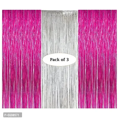 Metallic Fringe Foil Curtain (3Ft X 6 Ft) For Birthday,Wedding,Anniversary Photo Booth Decoration (Pack Of 3, 2 X Pink and 1 X Silver)-thumb0