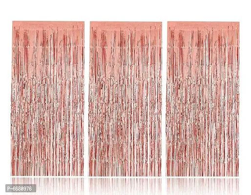 Rose Gold Metallic Tinsel Foil Fringe Curtains For Celebrations And Decorations ( 3 X 6 Ft 10 Inches ) - Set Of 3-thumb0
