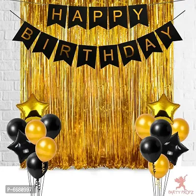 Birth Day Decorations Set- 17 Pieces Happy Birthday Golden Fringe Foil Curtain, Banner Star Foil Balloon, And Metallic Balloons Decoration Items-thumb0