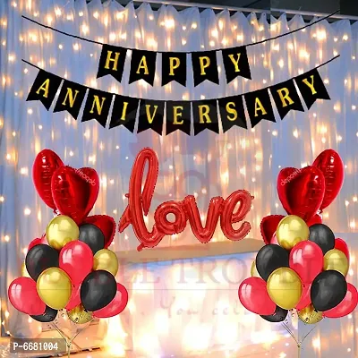 Happy Anniversary Balloons Decoration Kit Combo 16 Letters Banner, Love Foil, Fairy Light, Heart Foil, Glue Dot and 45 Pieces Balloons (Red Gold, Pack Of 53)