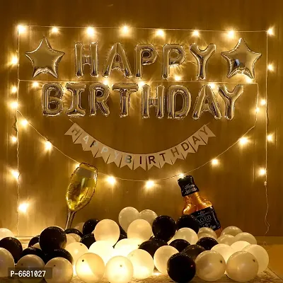 Happy Birthday Foil Balloons, 2 Star Foil Balloon, LED Lights, Champagne Glass Balloon, Whiskey Bottle Balloon , 50 Black and White Balloons, One Happy Birthday Banner