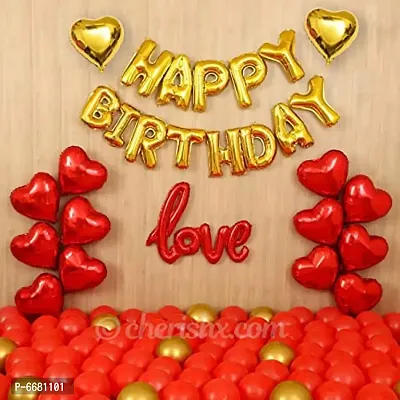 Red And Golden Happy Birthday Decoration Kit - Pack Of 68 Pieces - Heart Shape Foil Balloon, Metallic Rubber Balloons