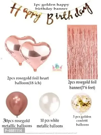 Rose gold And White Happy Birthday Decoration Kit With Curtain Ballloons,Banner,Heart- 48 Pieces-thumb2