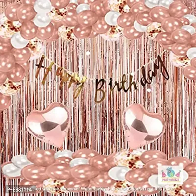 Rose gold And White Happy Birthday Decoration Kit With Curtain Ballloons,Banner,Heart- 48 Pieces-thumb0