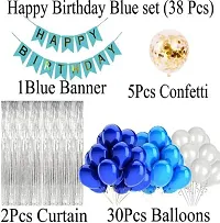 Printed Happy Birthday Blue Banner 30 Pc Metallic Balloon 2 Shiny Silver Fringe Curtain 5 Golden Confetti Balloon (Blue, White, Silver, Pack Of 38)-thumb1